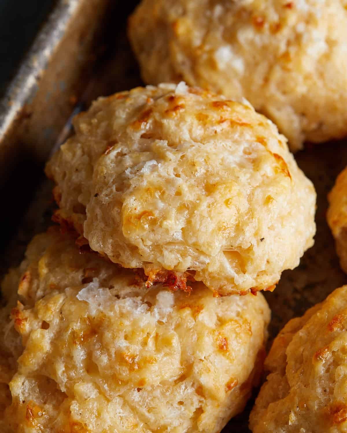 Up close image of cheddar drop biscuit.