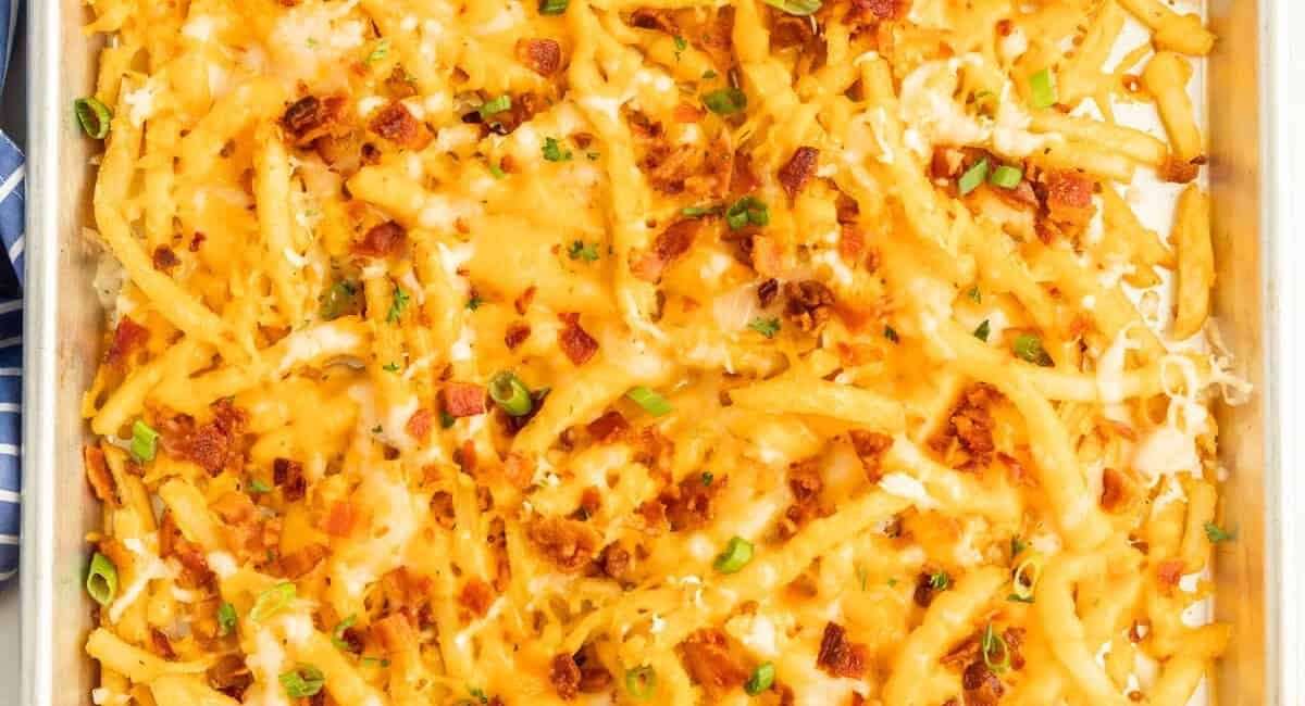 Overhead image of cheese fries.