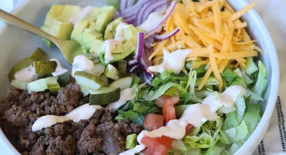 Overhead image of cheeseburger bowls.