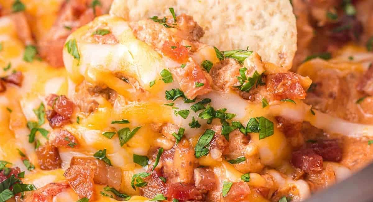 Up close image of slow cooker cheeseburger dip.