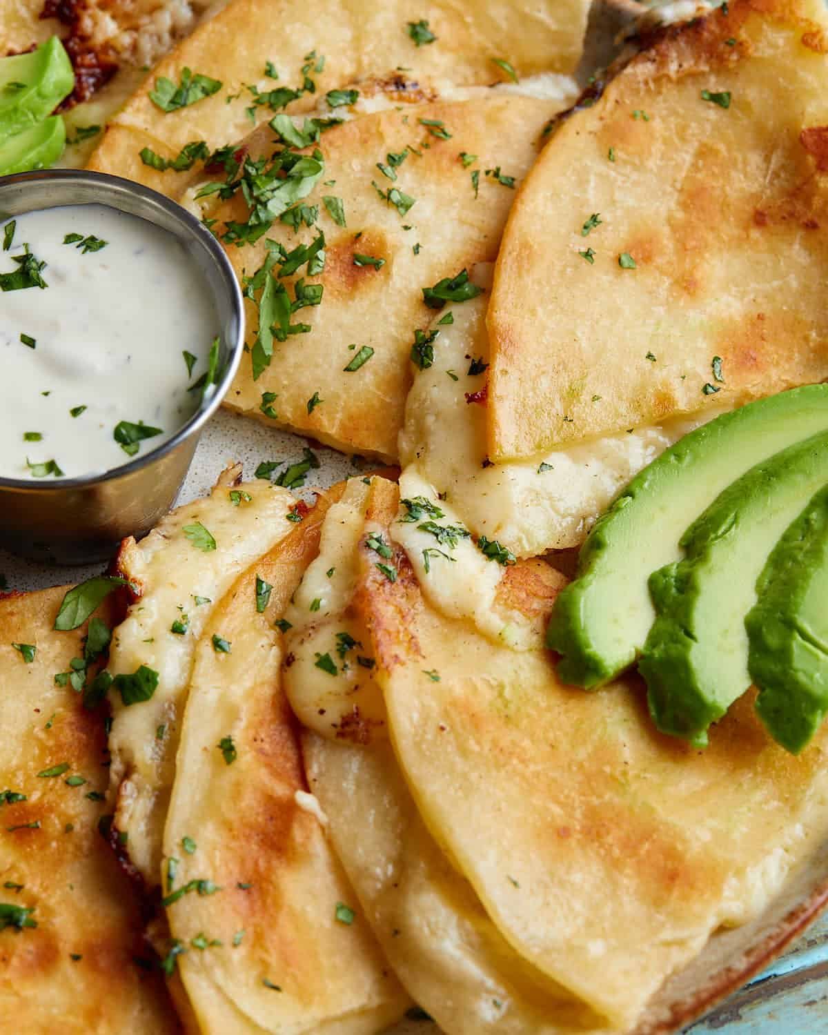 Up close image of cheese quesadilla with garnish and avocado.