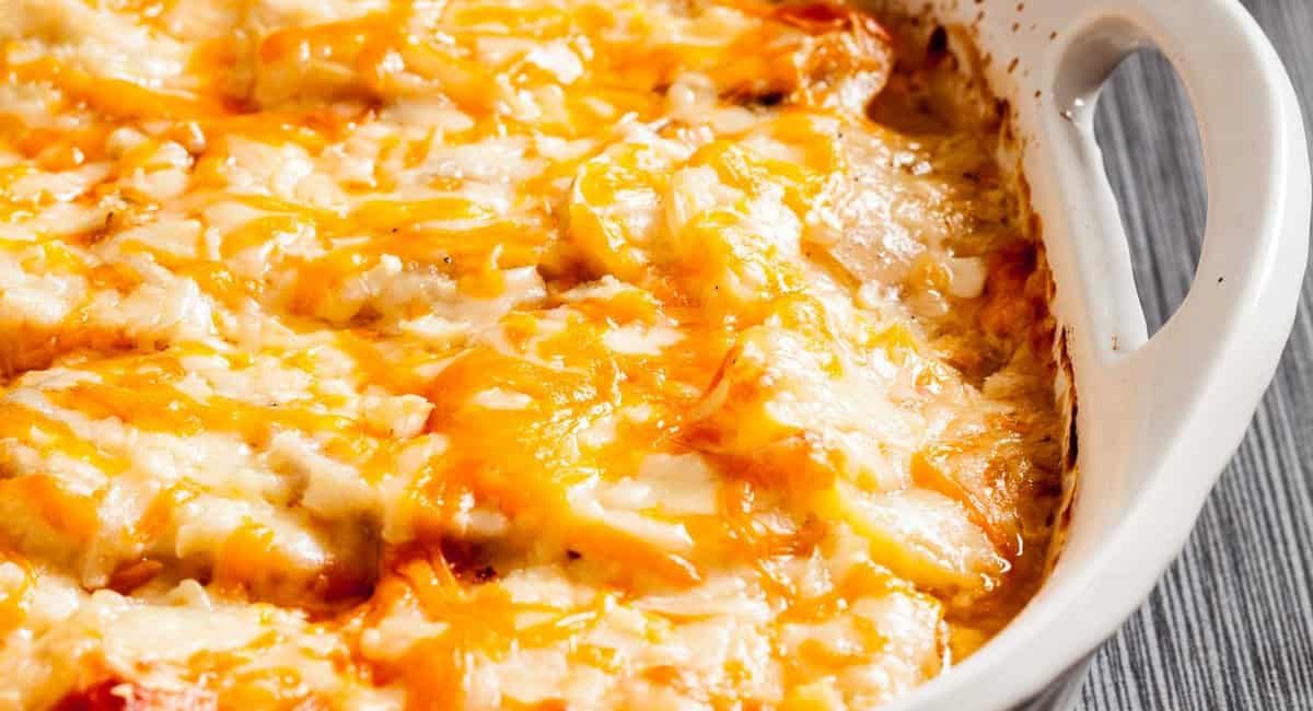 Up close image of cheesy scalloped potatoes.