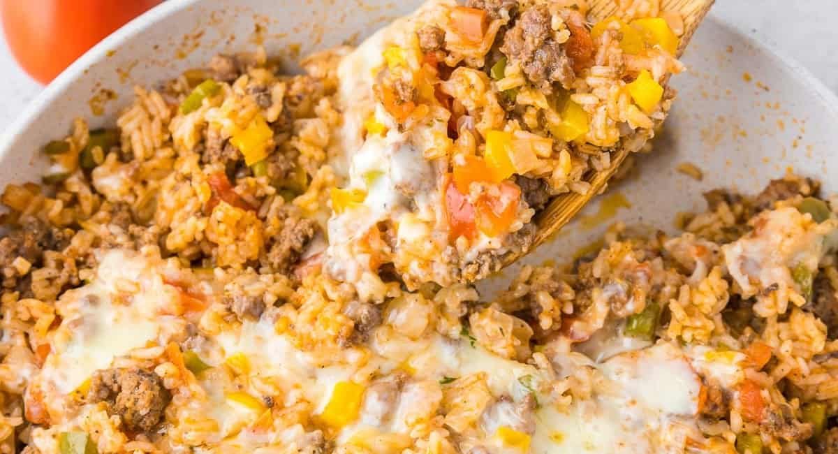 Overhead image of cheesy unstuffed pepper skillet.