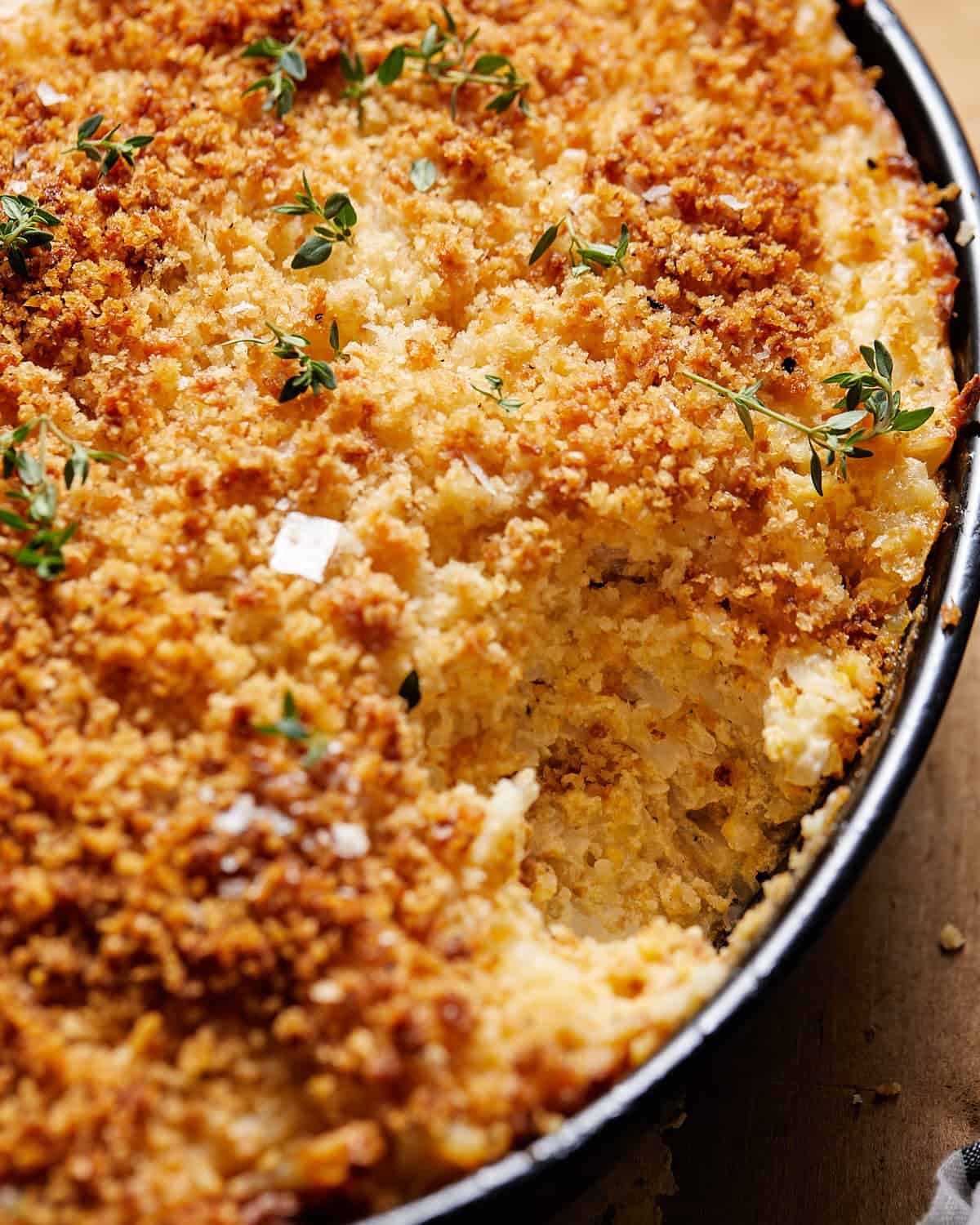 Up close image of hashbrown casserole without soup.