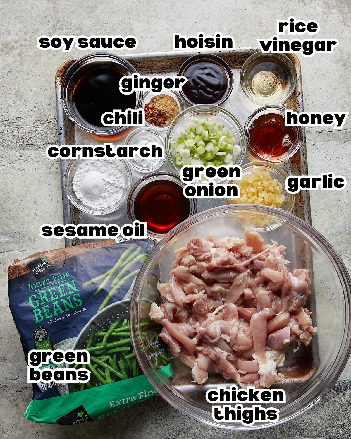 Overhead image ingredients needed for green bean chicken stir fry.