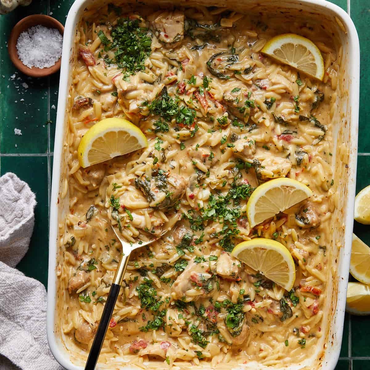 Chicken and Orzo Bake with Italian Sausage