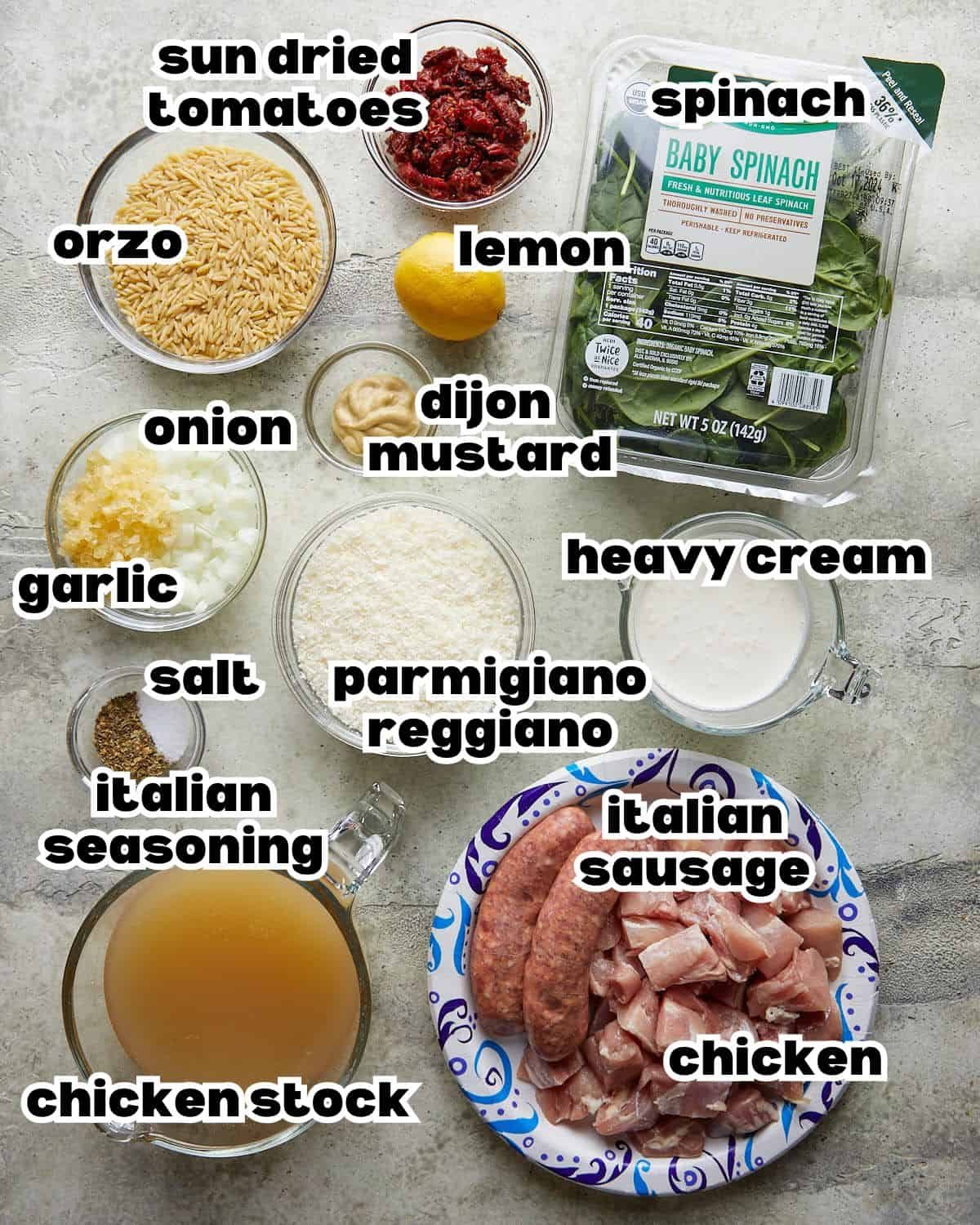 Overhead image of ingredients needed to make chicken and orzo bake.