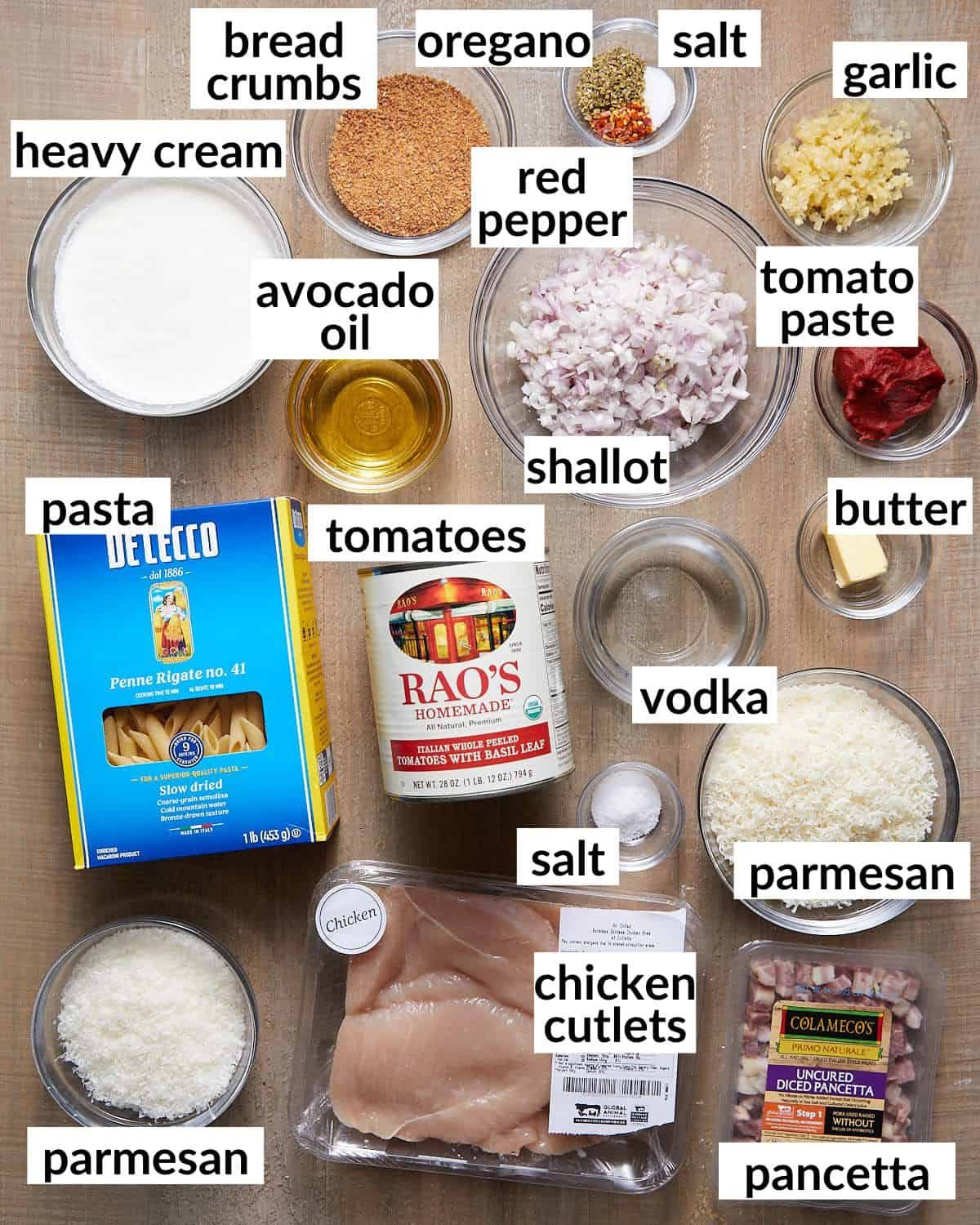 Overhead image of ingredients needed to make penne alla vodka with chicken.