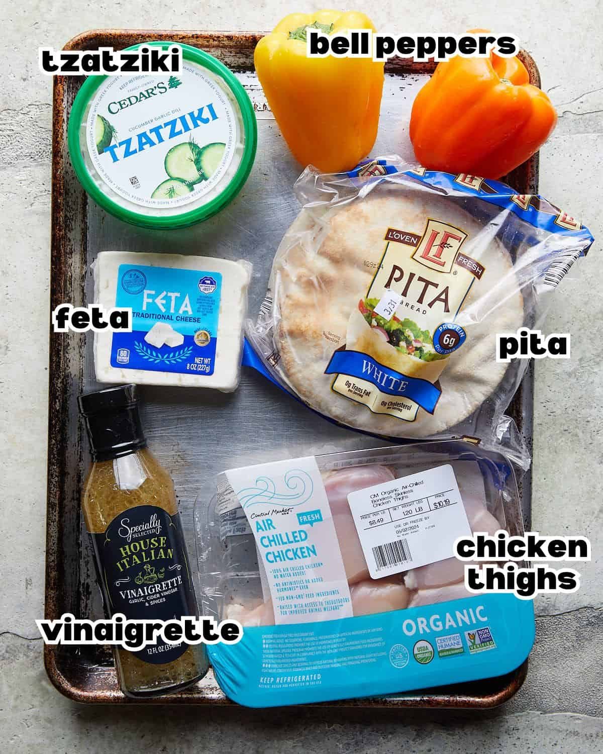 Overhead image of ingredients needed to make chicken pita pockets recipe.