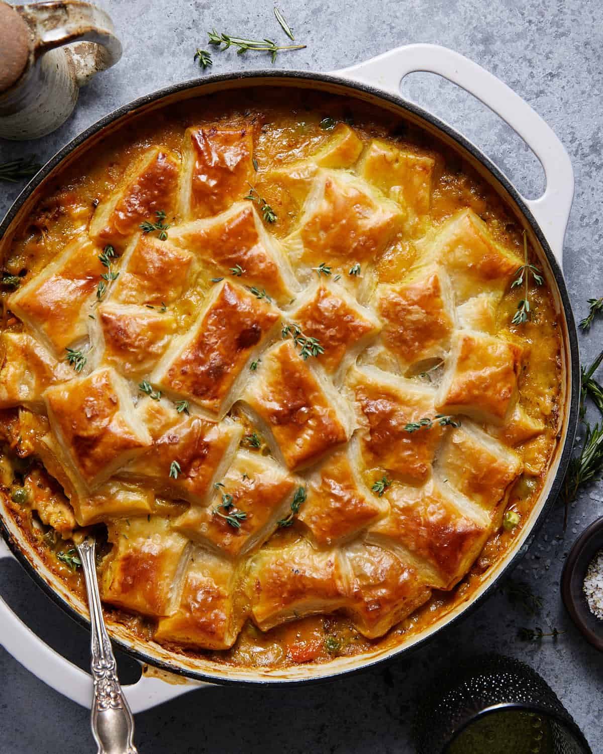 Overhead image of chicken pot pie with puff pastry.