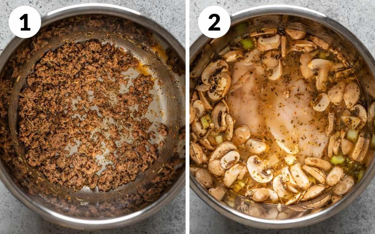 steps 1 & 2 sausage browned in pot vegetables, chicken, and broth added