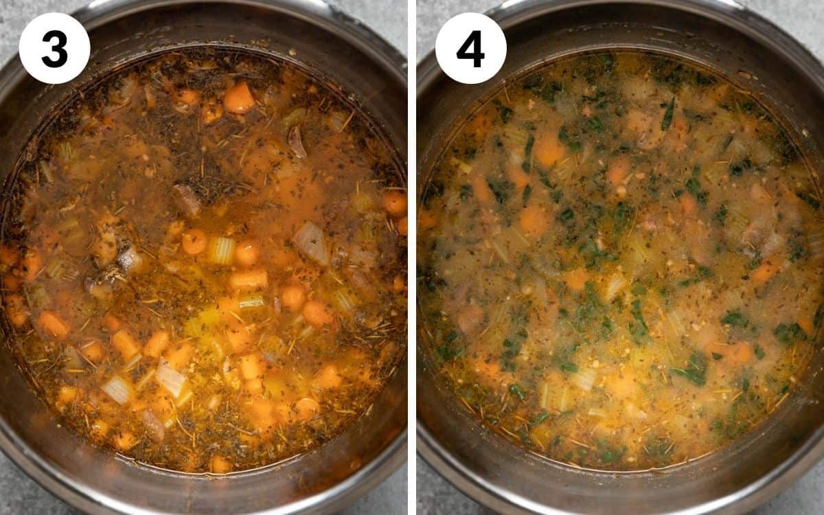 steps 3 & 4 soup after pressure cooking kale wilted into chicken and rice soup in instant pot