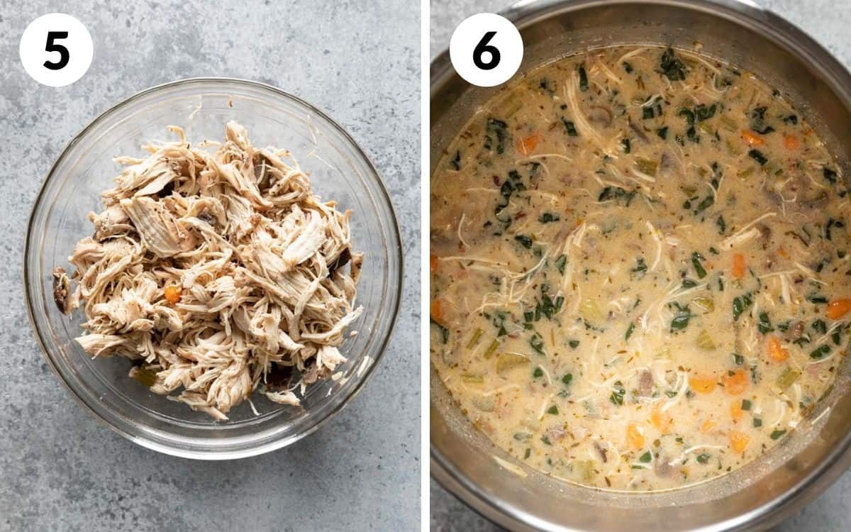 steps 5 & 6 shredded chicken in bowl chicken and rice soup in the instant pot