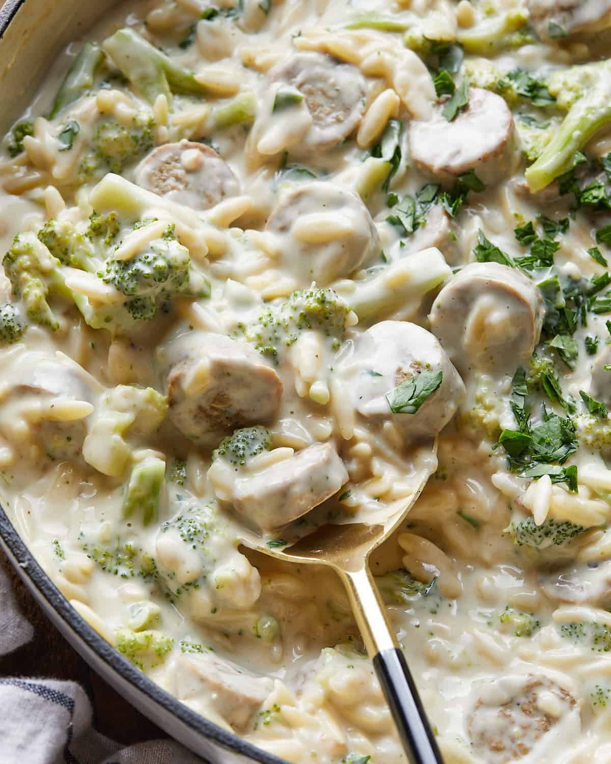 Up close overhead image of chicken sausage orzo.