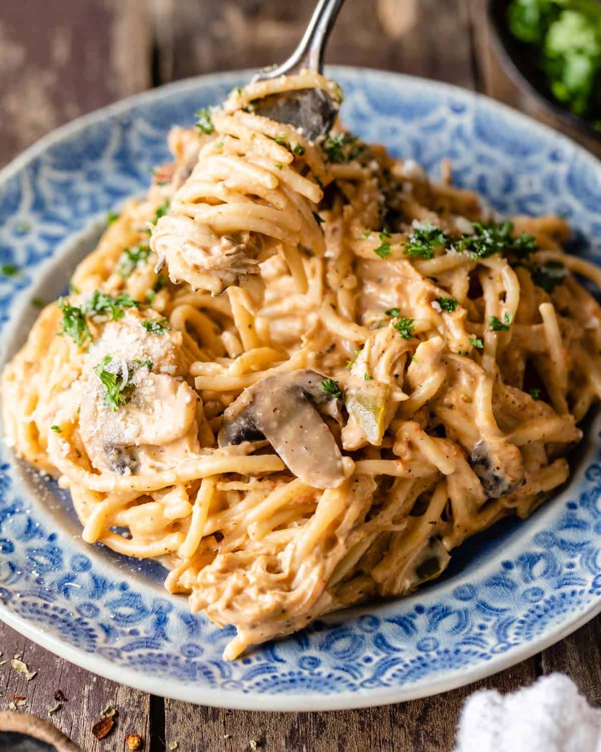 instant pot chicken spaghetti twirled on fork