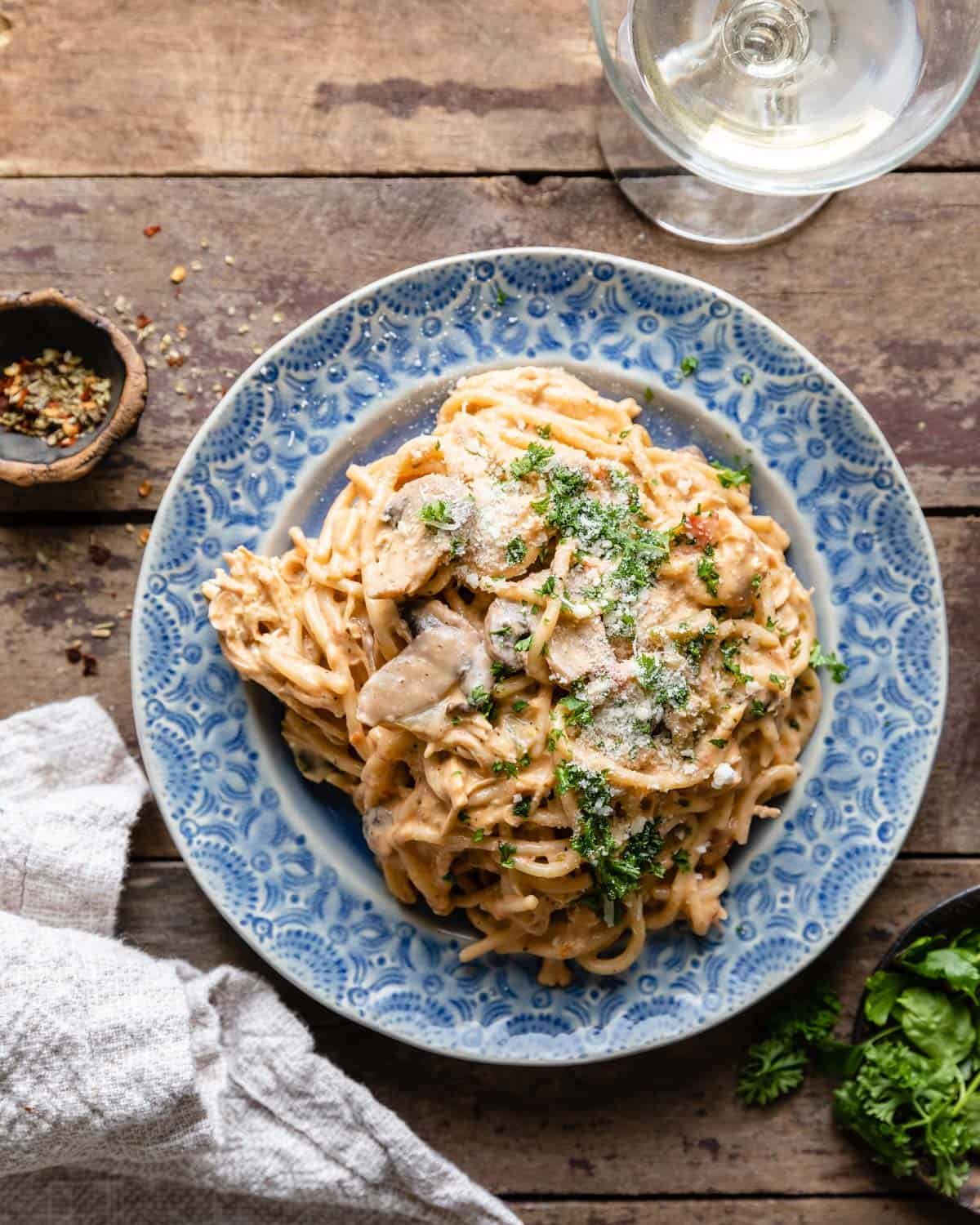 overhead shot of instant pot chicken spaghetti on a plate