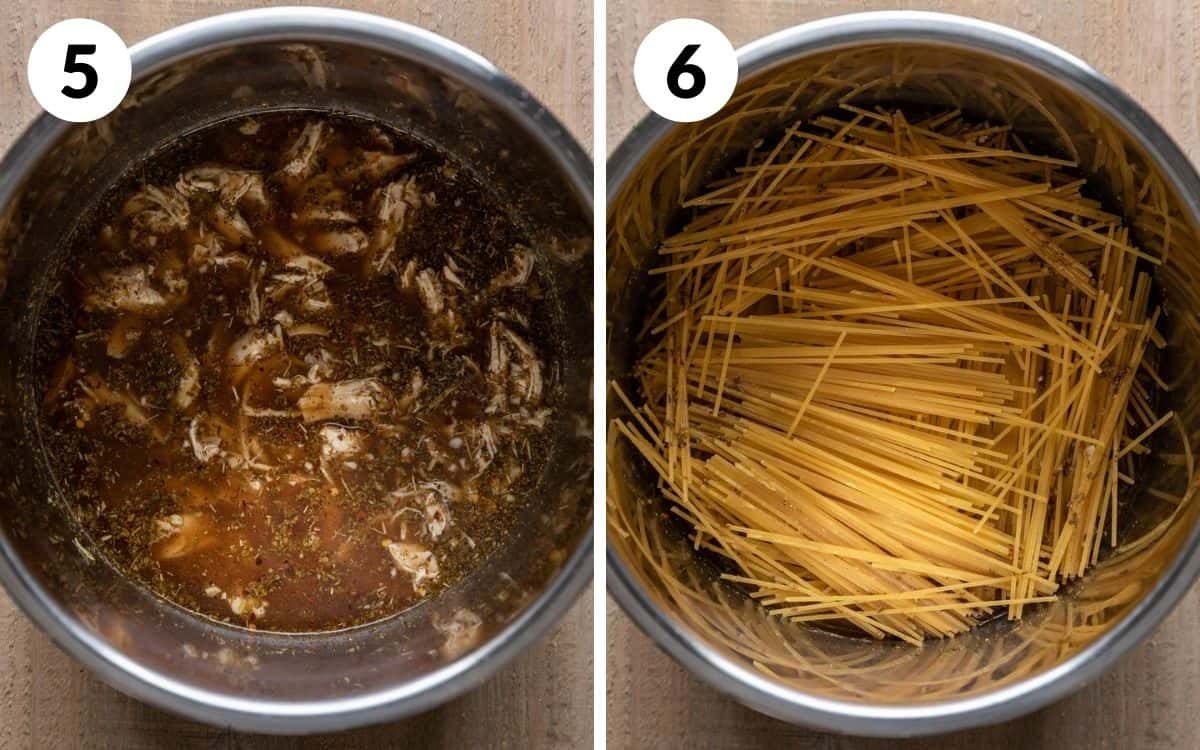 shredded chicken with spices & pasta added on top in criss cross pattern