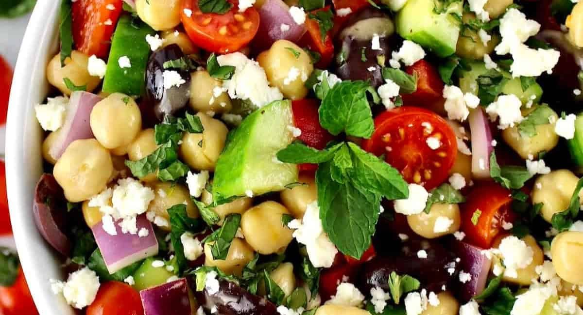 Up close image of chickpea salad.