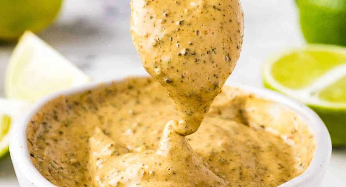 Up close image of ancho chili aioli in white dish.