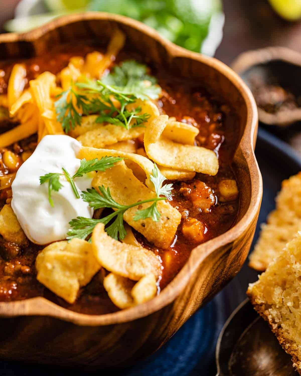 side view of no bean chili in bowl