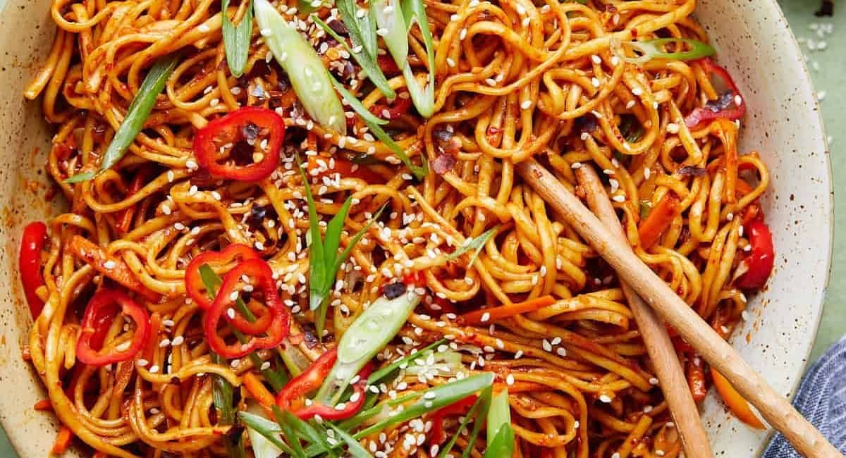 Overhead image of chili garlic noodles.