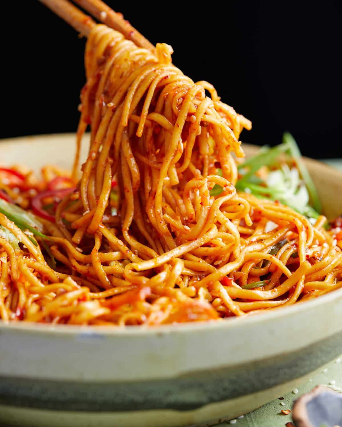 Up close image of chili garlic noodles.