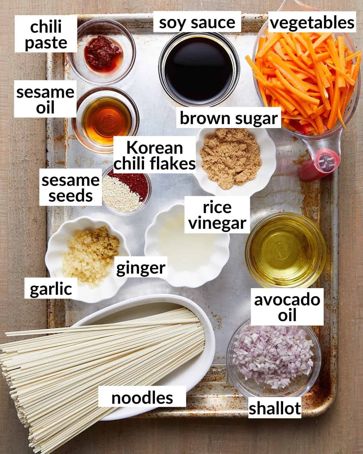Overhead ingredients needed for chili garlic noodles.