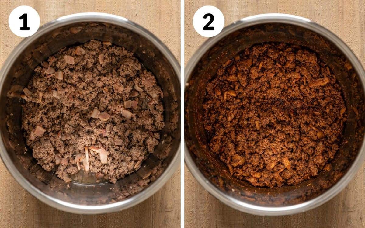 steps 1 & 2 bacon and beef browned in instant pot spices added to meat
