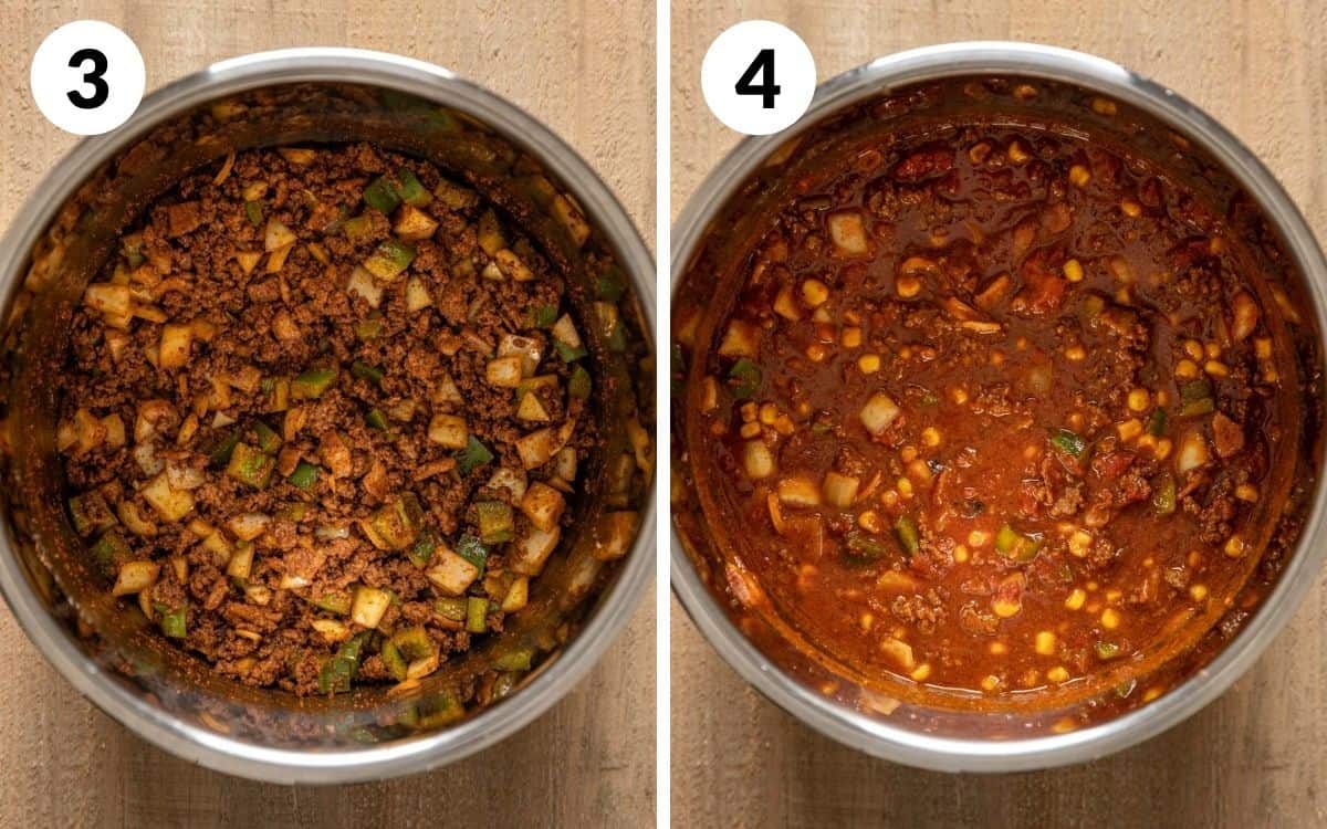 steps 3 & 4 peppers and onions added to meat liquid added to instant pot