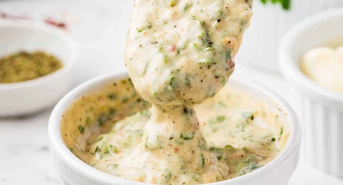 Up close image of chimichurri mayo dip recipe.