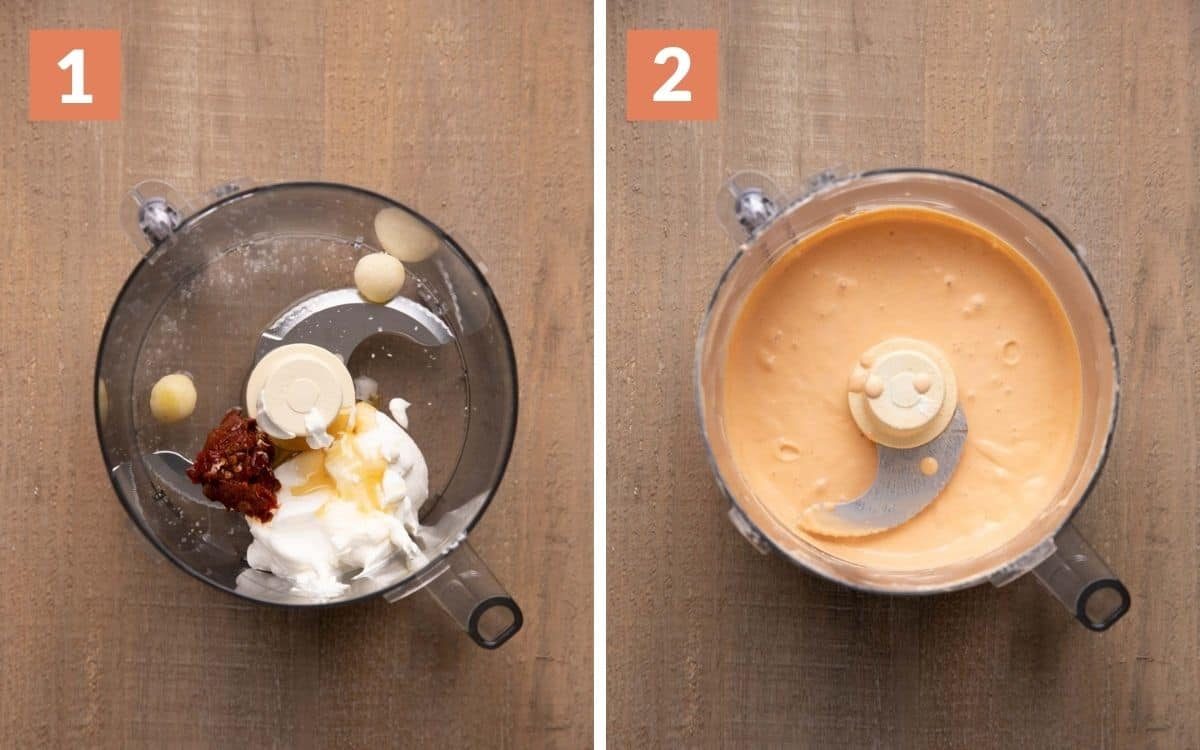 2 photos. All ingredients for chipotle sauce in food processor. Blended sauce.