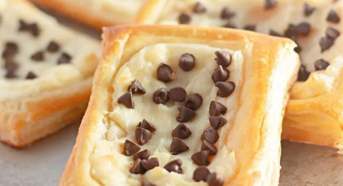 Up close image of chocolate chip cream cheese danish.