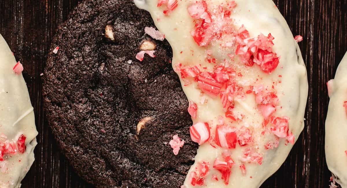 Up close overhead image of chocolate candy cane cookies.