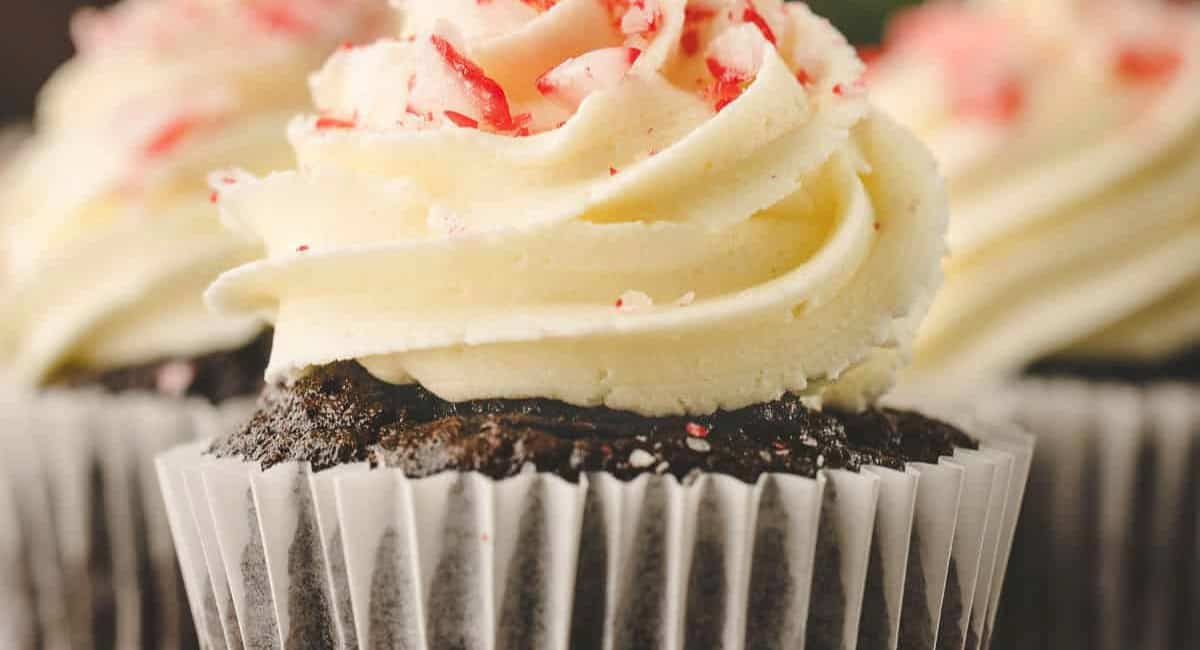 Up close side image of chocolate peppermint cupcakes.