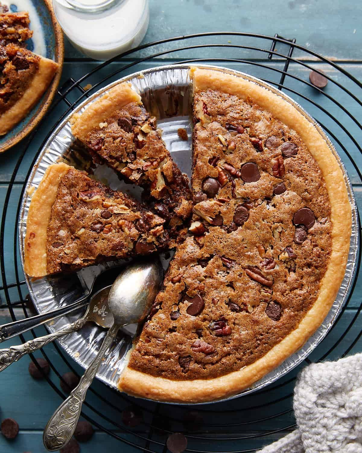 Overhead image of chocolate chip cookie pie.