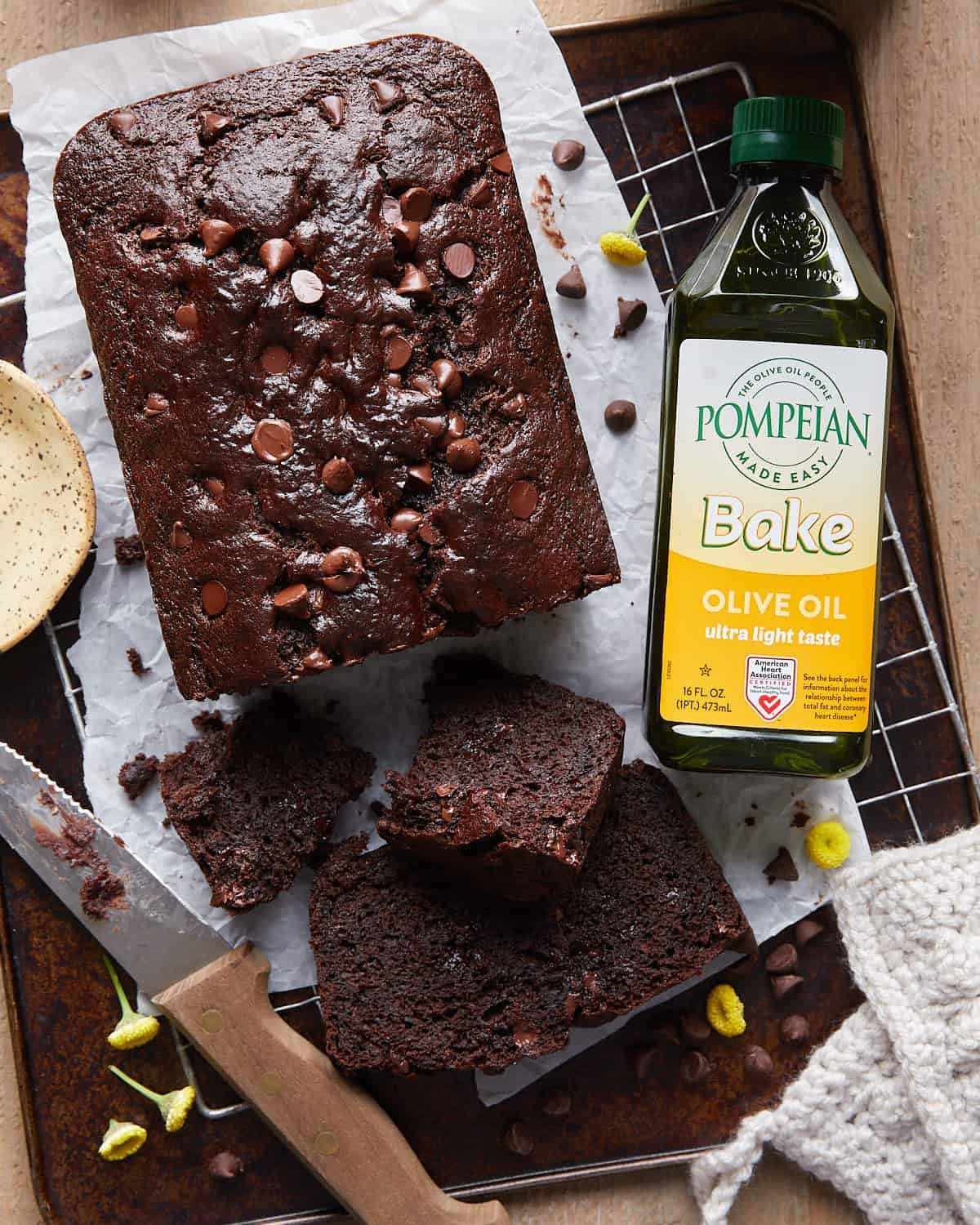 Overhead image of chocolate olive oil zucchini bread.