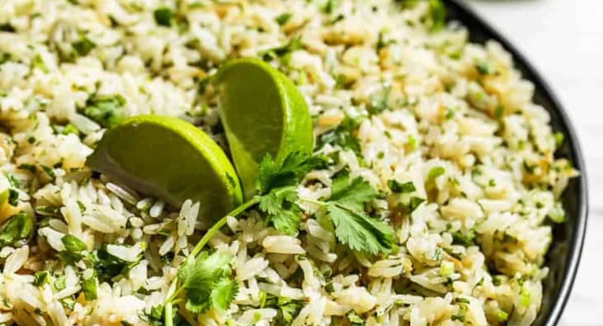 Up close image of cilantro lime rice with garnish.
