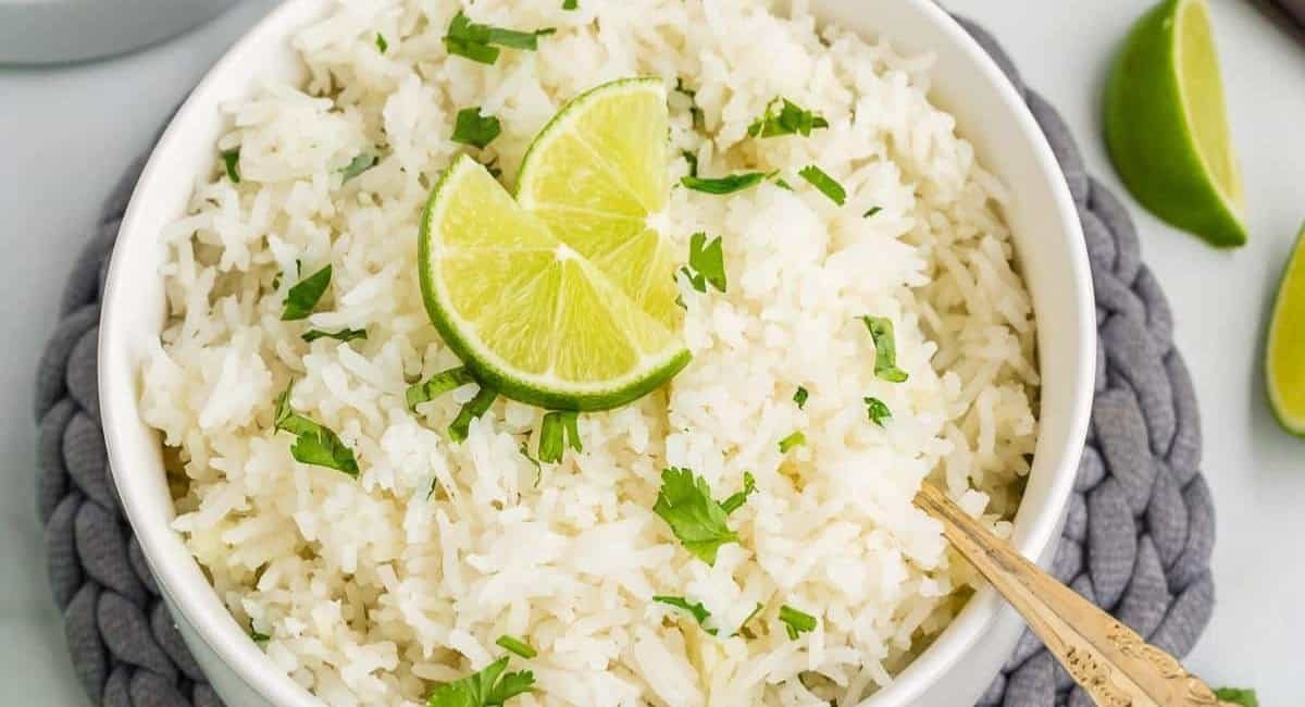 Overhead image of cilantro lime rice with garnish.