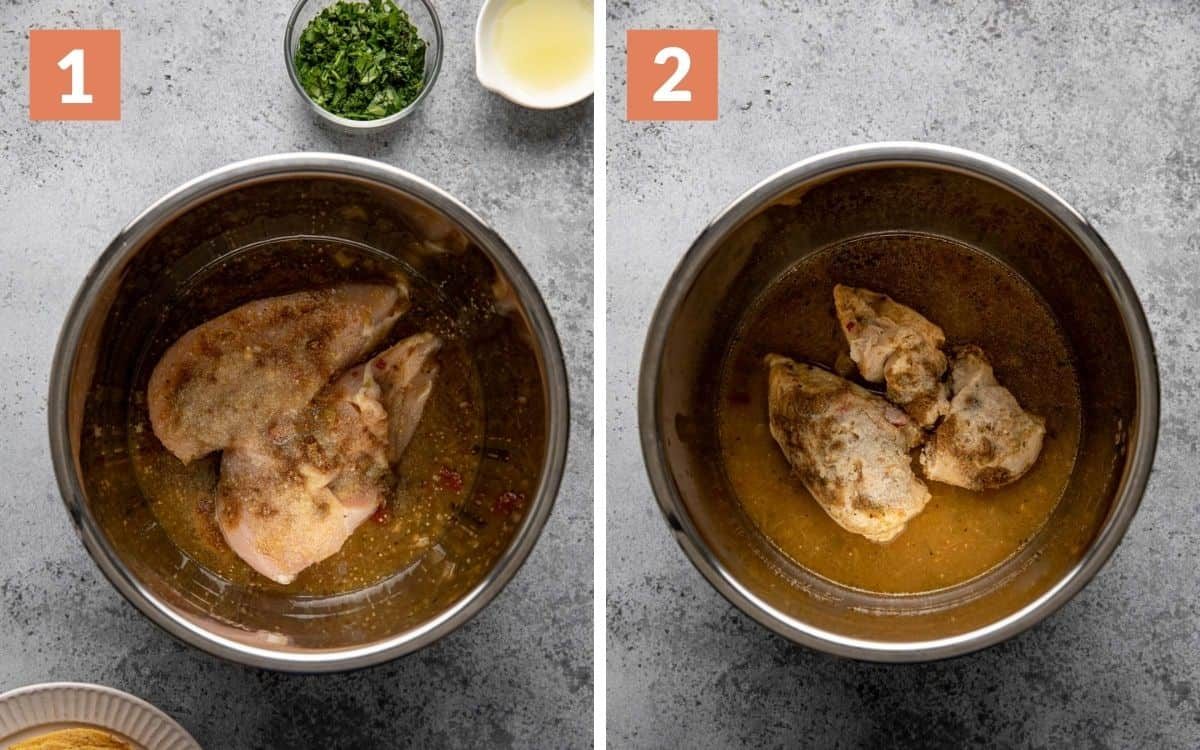 steps 1 & 2 raw chicken, salsa, and spice in instant pot cooked chicken in instant pot