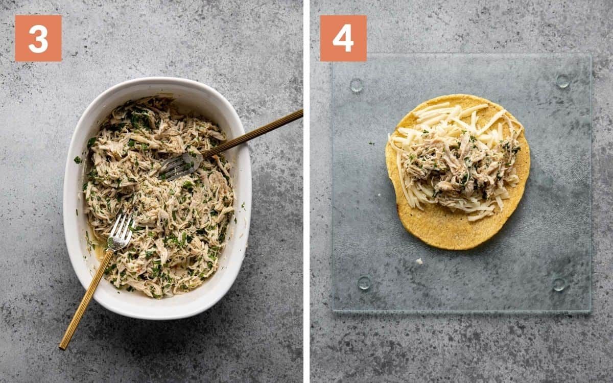 steps 3 & 4 shredded chicken in bowl tortilla with cheese and chicken on top