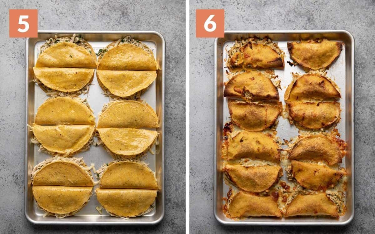 steps 5 & 6 assembled tacos on baking sheet finished tacos on baking sheet