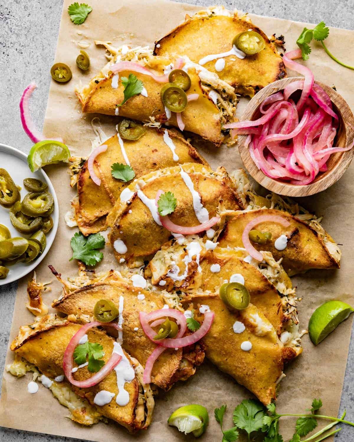 overhead of tacos on parchment paper