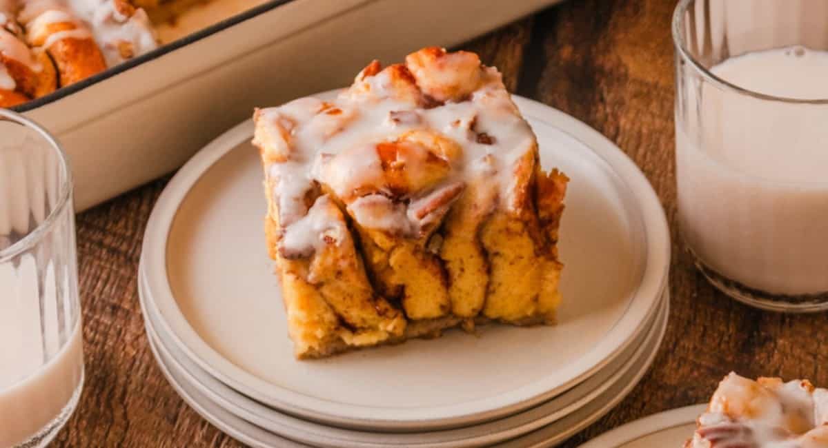 Up close image of cinnamon roll french toast casserole slice.