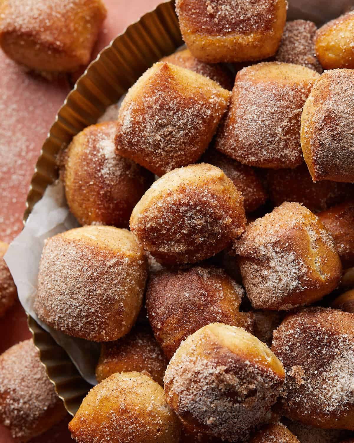 Up close overhead image of cinnamon sugar pretzel bites.