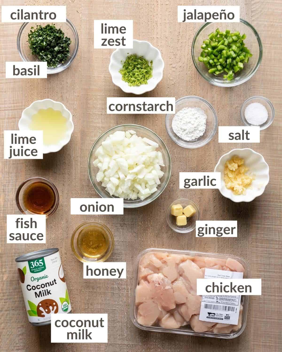 overhead shot of ingredients needed to make thai coconut lime chicken