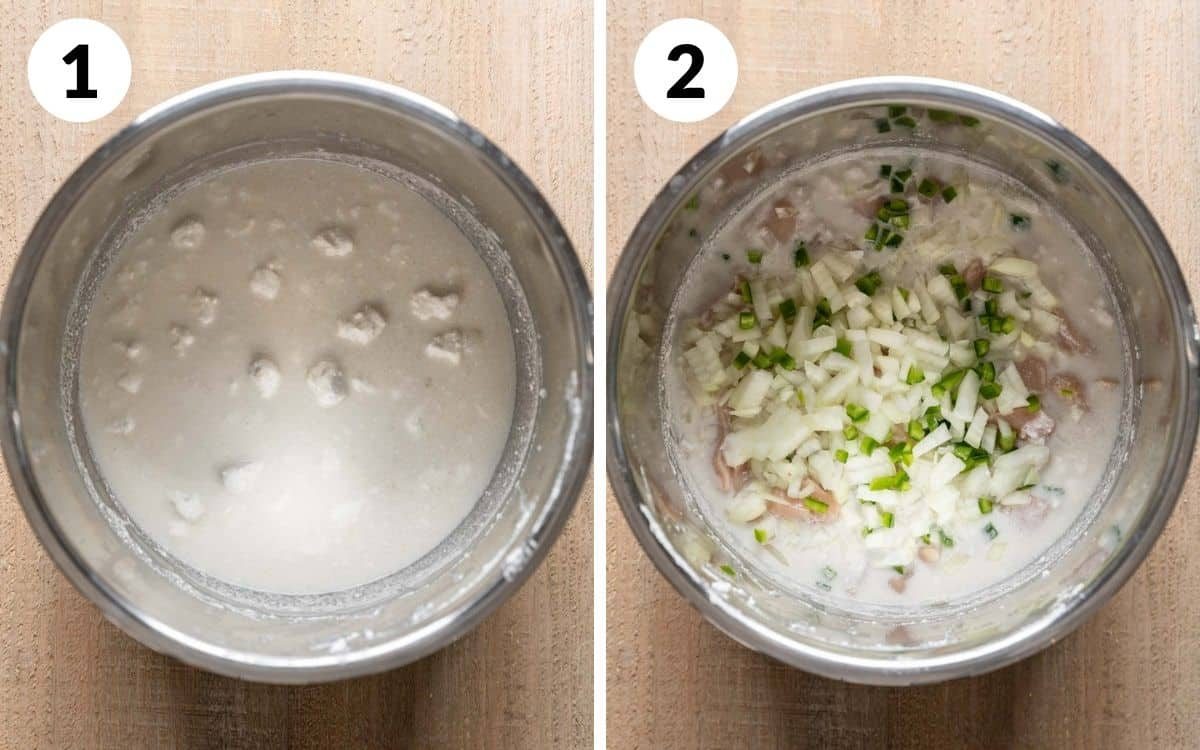 steps 1 & 2 coconut milk and spices in instant pot chicken and vegetables layered on top