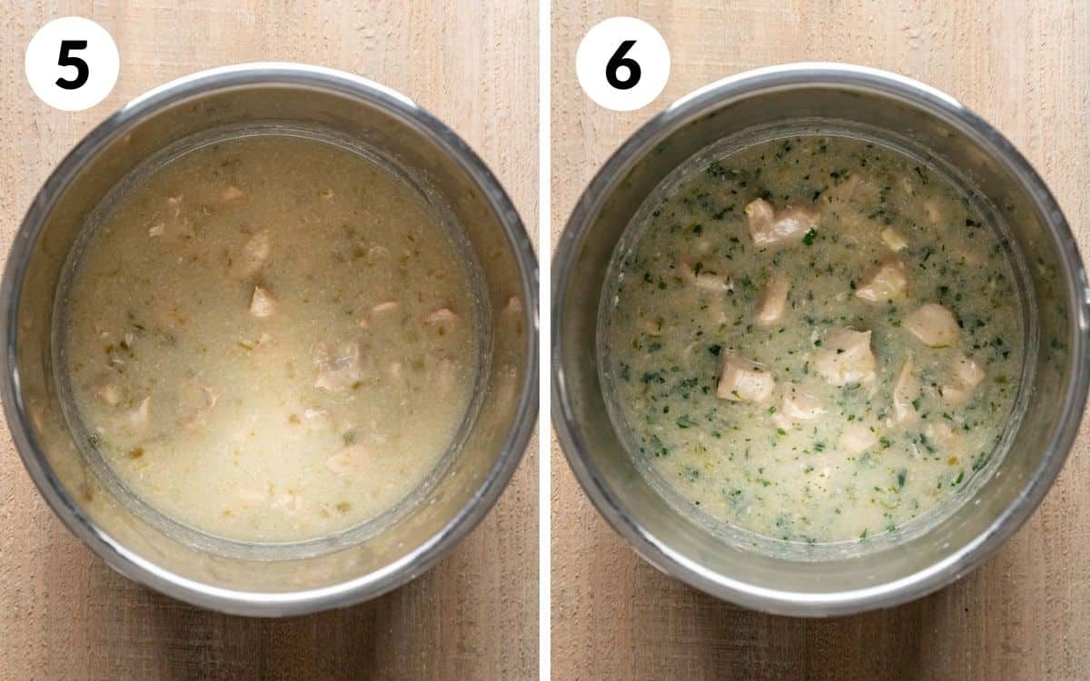 steps 5 & 6 thickened coconut lime chicken in pot herbs and zest stirred in