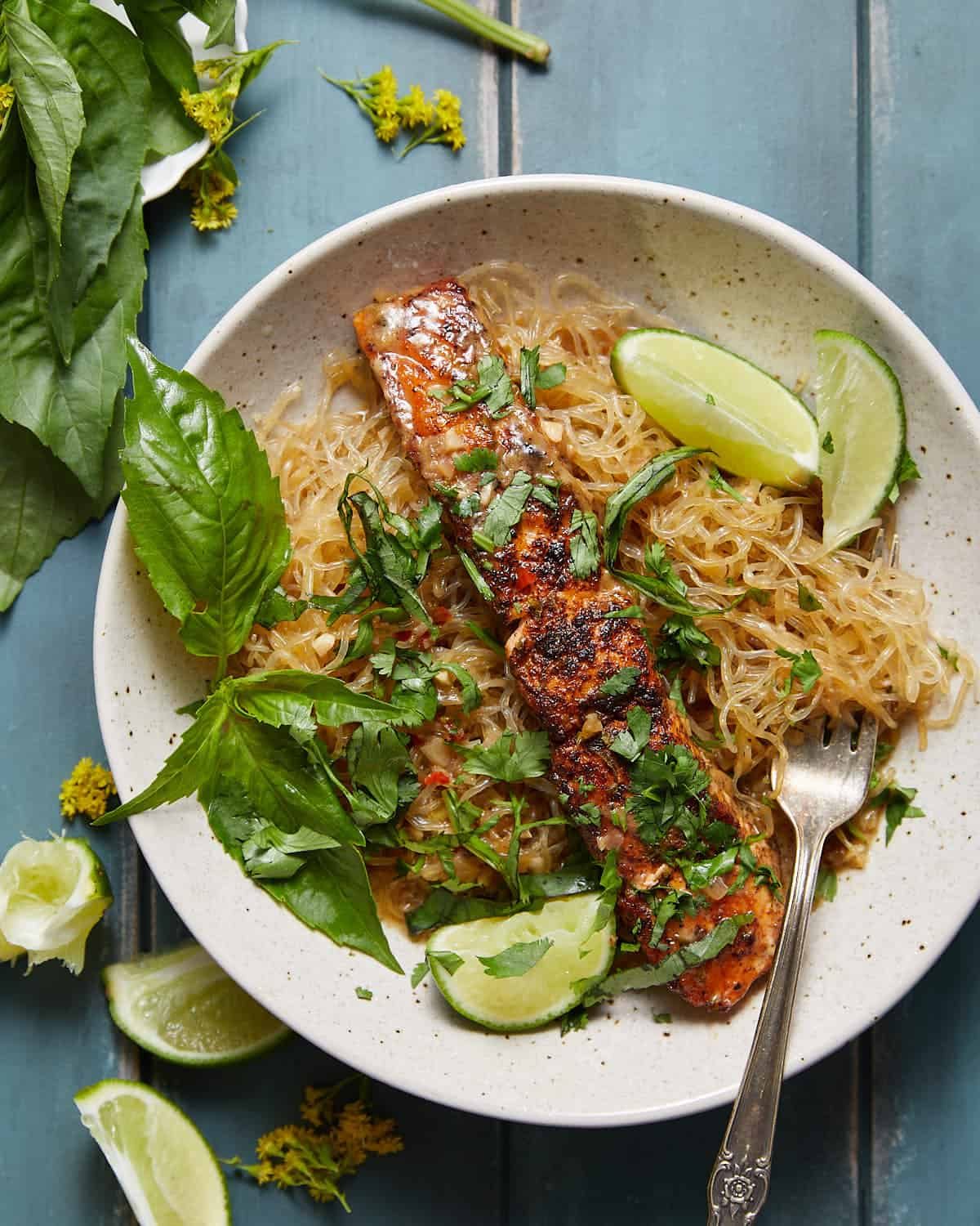 Overhead image of coconut lime salmon on white dish with garnish.