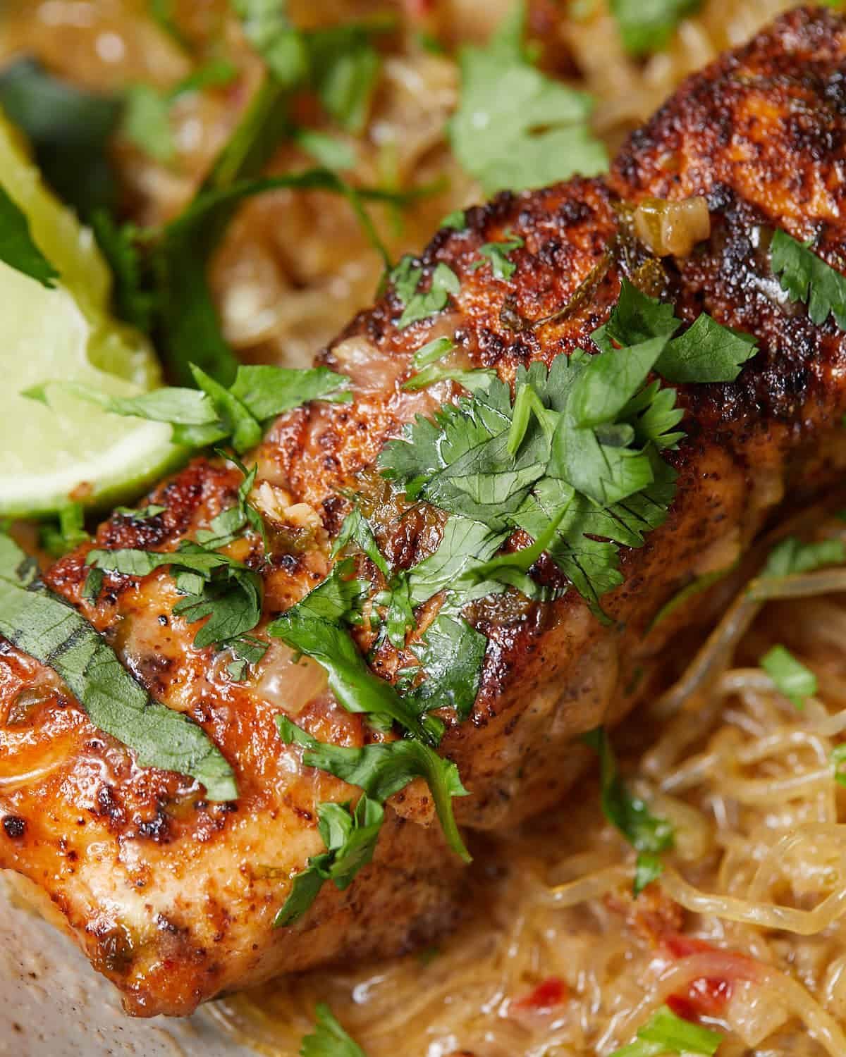 An up close image of coconut lime salmon.