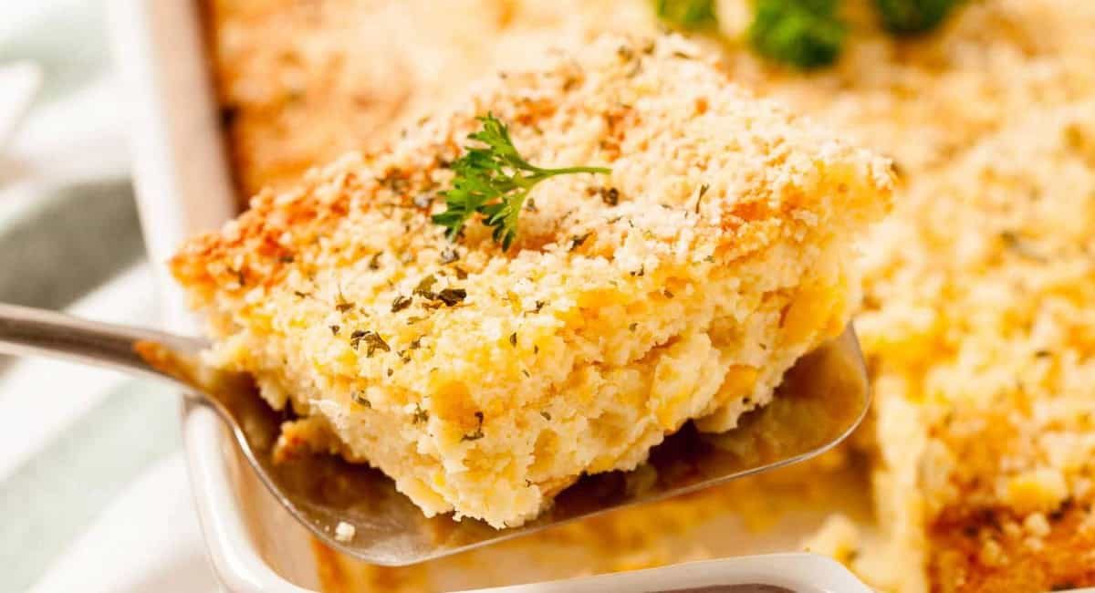 Up close image of corn casserole.